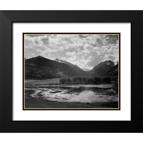 Lake and trees in foreground, mountains and clouds in background, in Rocky Mountain National Park, C Black Modern Wood Framed Art Print with Double Matting by Adams, Ansel