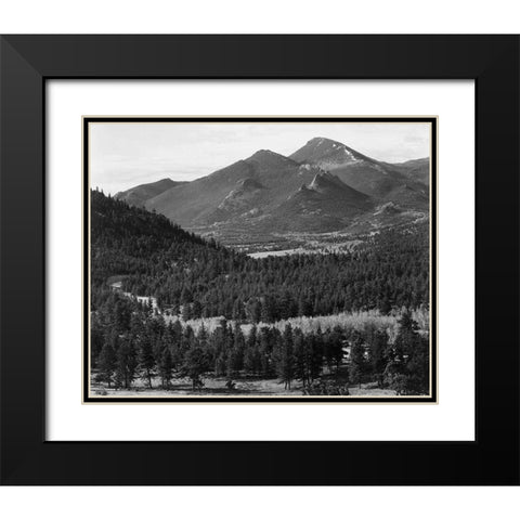 View with trees in foreground, barren mountains in background,  in Rocky Mountain National Park, Col Black Modern Wood Framed Art Print with Double Matting by Adams, Ansel