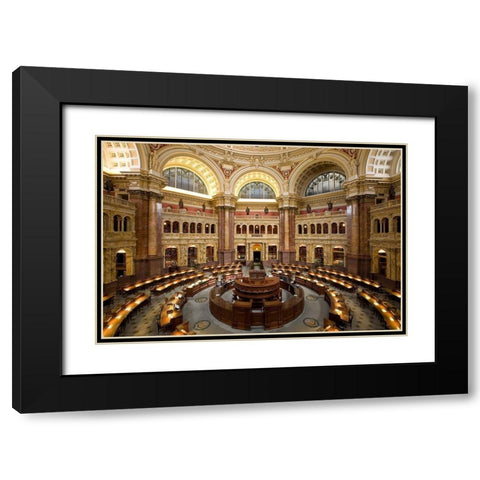 Main Reading Room. View from above showing researcher desks. Library of Congress Thomas Jefferson Bu Black Modern Wood Framed Art Print with Double Matting by Highmith, Carol