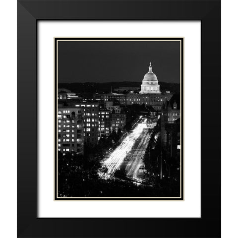 Dusk view of Pennsylvania Avenue, Americas Main Street in Washington, D.C. - Black and White Variant Black Modern Wood Framed Art Print with Double Matting by Highmith, Carol