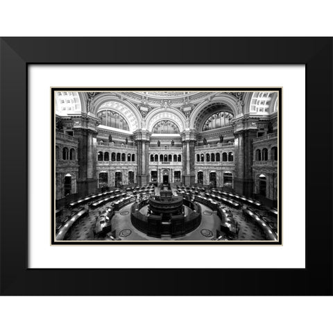 Main Reading Room. View from above showing researcher desks. Library of Congress Thomas Jefferson Bu Black Modern Wood Framed Art Print with Double Matting by Highmith, Carol