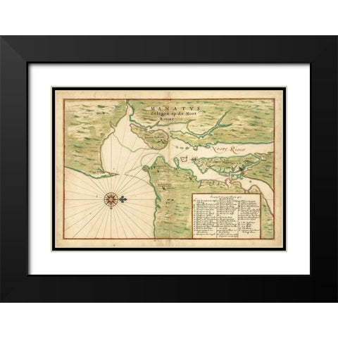 Map of New York City Region - Manatvs gelegen op de Noot Riuier, 1639 Black Modern Wood Framed Art Print with Double Matting by Vinckeboons, Joan