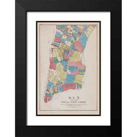 Map of the City of New York showing original high water line and the location of different Farms and Black Modern Wood Framed Art Print with Double Matting by New York Common Council