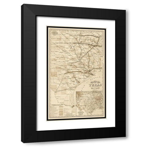 Grays railroad map of Texas - Decorative Sepia Black Modern Wood Framed Art Print with Double Matting by O.W. Gray & Son.