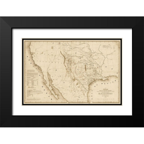 Map of Texas and the countries adjacent, 1844  - Decorative Sepia Black Modern Wood Framed Art Print with Double Matting by Emory, William H.