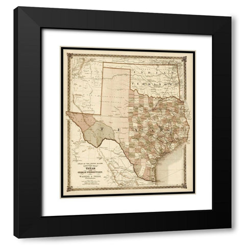 County Map of Texas, and Indian Territory, 1874 - Decorative Sepia Black Modern Wood Framed Art Print with Double Matting by H.H. Lloyd & Co.