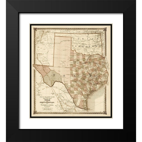County Map of Texas, and Indian Territory, 1874 - Decorative Sepia Black Modern Wood Framed Art Print with Double Matting by H.H. Lloyd & Co.