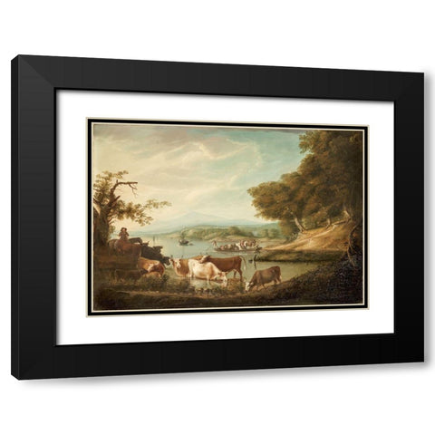 A Calm Watering Place Extensive and Boundless Scene with Cattle Black Modern Wood Framed Art Print with Double Matting by Fisher, Alvan