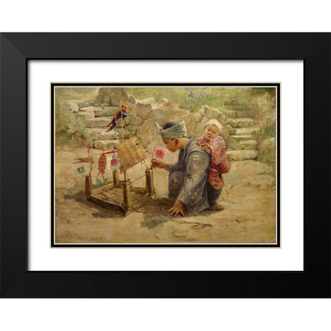 Japanese Boy Building a Man of War Black Modern Wood Framed Art Print with Double Matting by Arter, J C