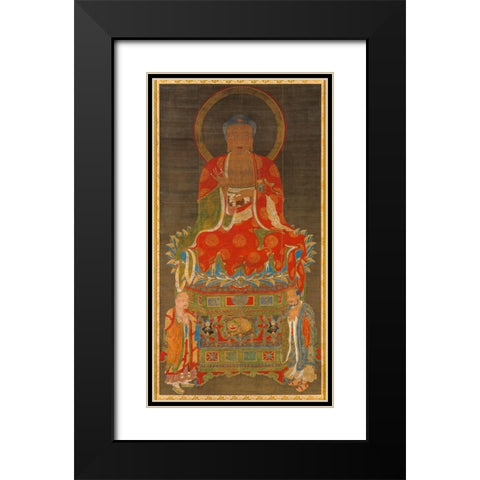 Shakyamuni Triad Buddha Attended by Manjushri and Samantabhadra Black Modern Wood Framed Art Print with Double Matting by dynasty, China Ming