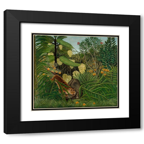 Fight between a Tiger and a Buffalo Black Modern Wood Framed Art Print with Double Matting by Rousseau, Henri