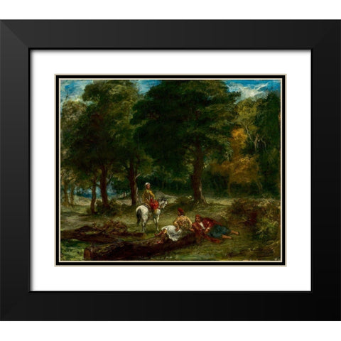Greek Cavalry Men Resting in Forest Black Modern Wood Framed Art Print with Double Matting by Delacroix, Eugene