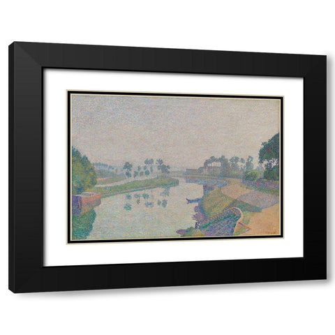 Banks of the Oise at Dawn Black Modern Wood Framed Art Print with Double Matting by Hayet, Louis