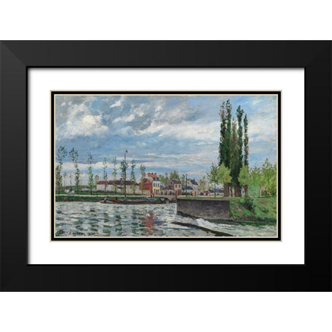 The Lock at Pontoise Black Modern Wood Framed Art Print with Double Matting by Pissarro, Camille