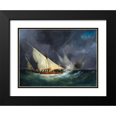 Greek Pirates Attacking a Turkish Vessel Black Modern Wood Framed Art Print with Double Matting by France 19th Century