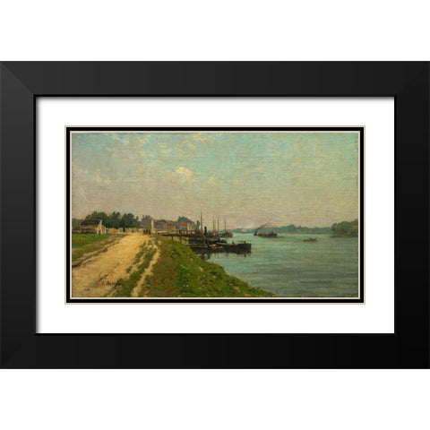 Banks of the Seine Black Modern Wood Framed Art Print with Double Matting by France 19th Century