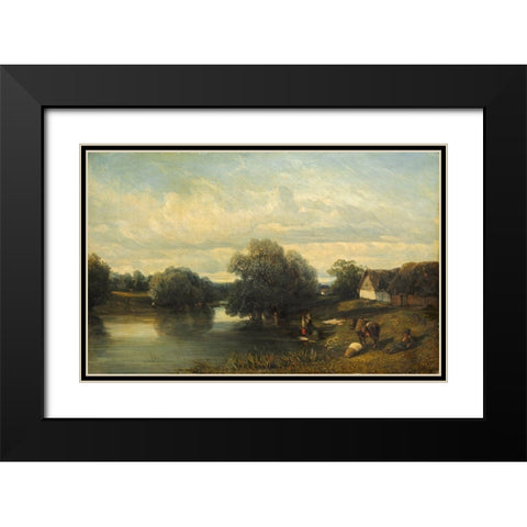 Cottage by the River with Washerwomen Black Modern Wood Framed Art Print with Double Matting by Flers, Camille