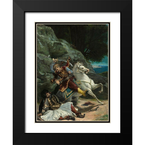 Combat of a Greek and a Turk Black Modern Wood Framed Art Print with Double Matting by Vernet, After Horace