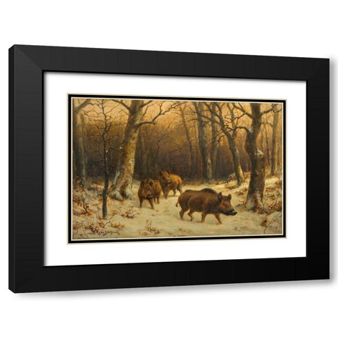 Wild Boars in the Snow Black Modern Wood Framed Art Print with Double Matting by Bonheur, Rosa