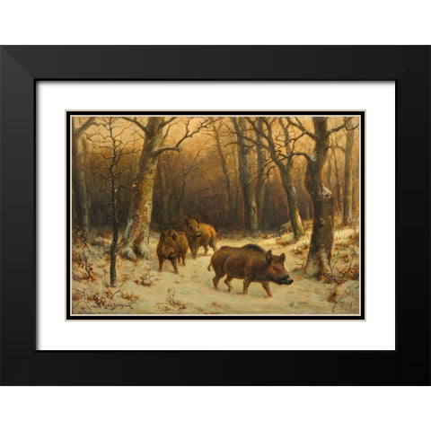 Wild Boars in the Snow Black Modern Wood Framed Art Print with Double Matting by Bonheur, Rosa
