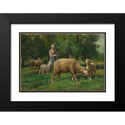 Shepherdess with Sheep Black Modern Wood Framed Art Print with Double Matting by Jacque, Charles-Emile