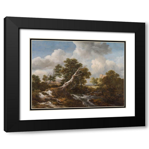 Low Waterfall in a Wooded Landscape with a Dead Beech Tree Black Modern Wood Framed Art Print with Double Matting by Ruisdael, Jacob van