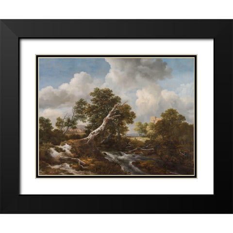 Low Waterfall in a Wooded Landscape with a Dead Beech Tree Black Modern Wood Framed Art Print with Double Matting by Ruisdael, Jacob van