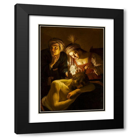 Samson and Delilah Black Modern Wood Framed Art Print with Double Matting by Honthorst, Gerrit van