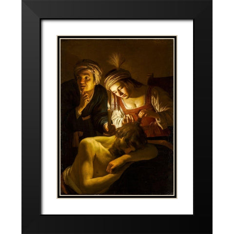 Samson and Delilah Black Modern Wood Framed Art Print with Double Matting by Honthorst, Gerrit van