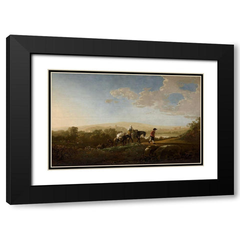 Travelers in Hilly Countryside Black Modern Wood Framed Art Print with Double Matting by Cuyp, Aelbert