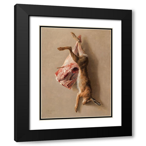 A Hare and a Leg of Lamb Black Modern Wood Framed Art Print with Double Matting by Oudry, Jean-Baptiste