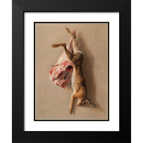 A Hare and a Leg of Lamb Black Modern Wood Framed Art Print with Double Matting by Oudry, Jean-Baptiste