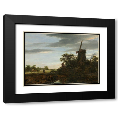 Landscape with a Windmill Black Modern Wood Framed Art Print with Double Matting by Ruisdael, Jacob van