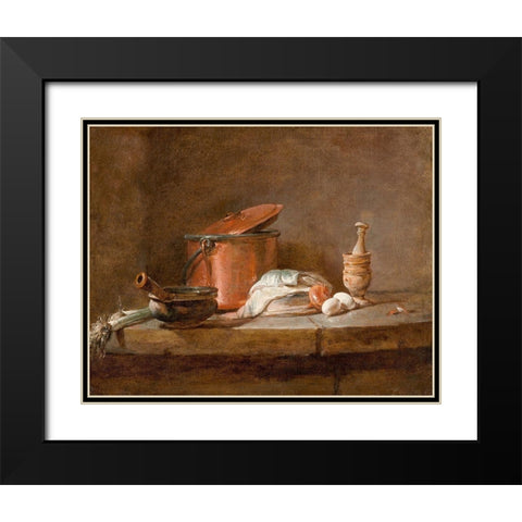 Kitchen Utensils with Leeks, Fish, and Eggs Black Modern Wood Framed Art Print with Double Matting by Chardin, Jean-Simeon