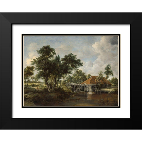 The Watermill with the Great Red Roof 1665 Black Modern Wood Framed Art Print with Double Matting by Hobbema, Meindert