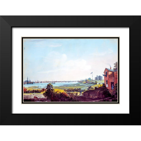 View of the City of New York and the Marine Hospital Taken from Wallabout Black Modern Wood Framed Art Print with Double Matting by Calyo, Nicolino