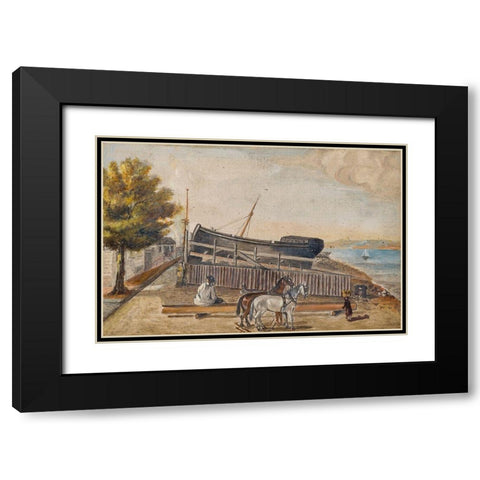 Bergs Ship Yard Black Modern Wood Framed Art Print with Double Matting by Chappel, William P.