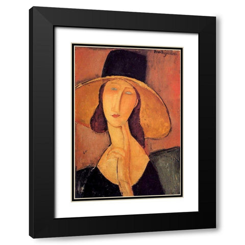 Portrait dune jeune femme au chapeau (Jeanne Hobuterne avec un grand chapeau) Black Modern Wood Framed Art Print with Double Matting by Modigliani, Amedeo