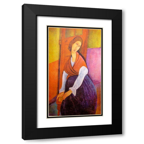 Lady in red shawl Black Modern Wood Framed Art Print with Double Matting by Modigliani, Amedeo
