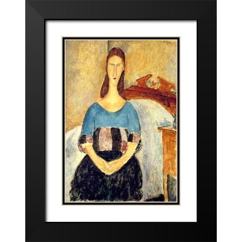 Seated lady on bed Black Modern Wood Framed Art Print with Double Matting by Modigliani, Amedeo