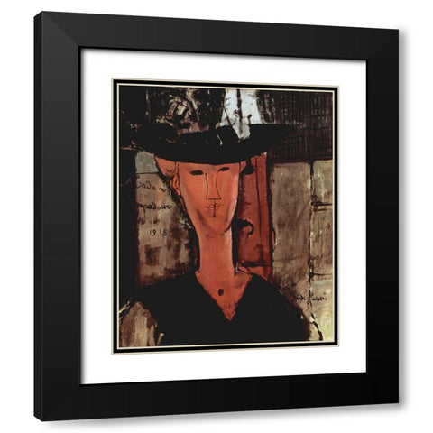 Lady in a hat Black Modern Wood Framed Art Print with Double Matting by Modigliani, Amedeo