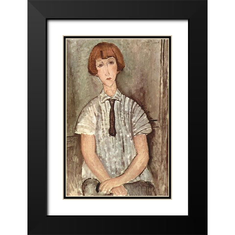 Seated woman with tie Black Modern Wood Framed Art Print with Double Matting by Modigliani, Amedeo