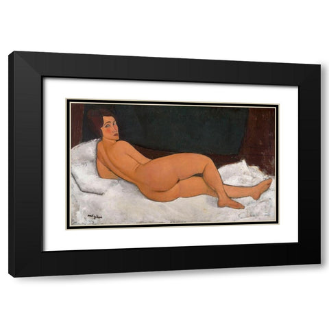 Reclining Nude looking over right shoulder Black Modern Wood Framed Art Print with Double Matting by Modigliani, Amedeo