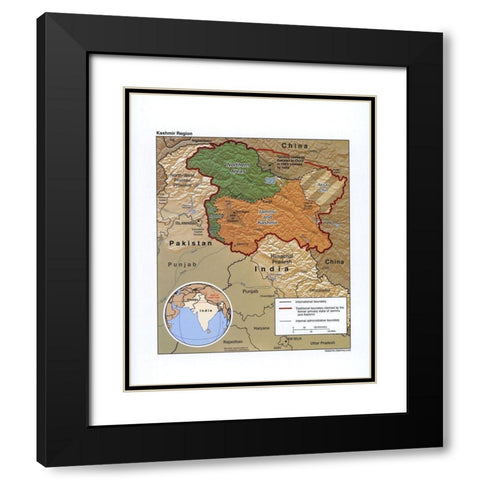 Kashmir-India Black Modern Wood Framed Art Print with Double Matting by Vintage Maps