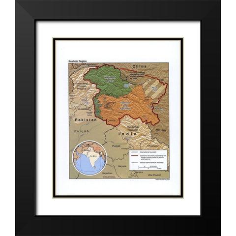 Kashmir-India Black Modern Wood Framed Art Print with Double Matting by Vintage Maps