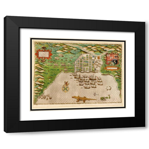 Voyages of Sir Francis Drake 1589 Black Modern Wood Framed Art Print with Double Matting by Vintage Maps