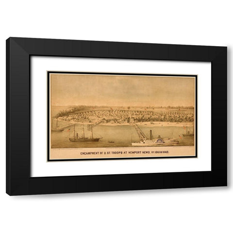 Encampment of US Federal Troops at Newport News 1861 Black Modern Wood Framed Art Print with Double Matting by Vintage Maps