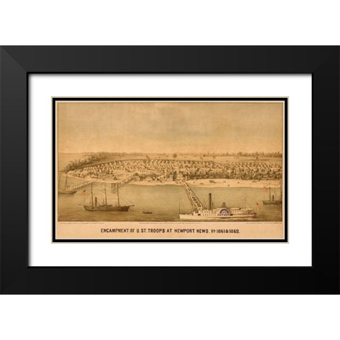 Encampment of US Federal Troops at Newport News 1861 Black Modern Wood Framed Art Print with Double Matting by Vintage Maps