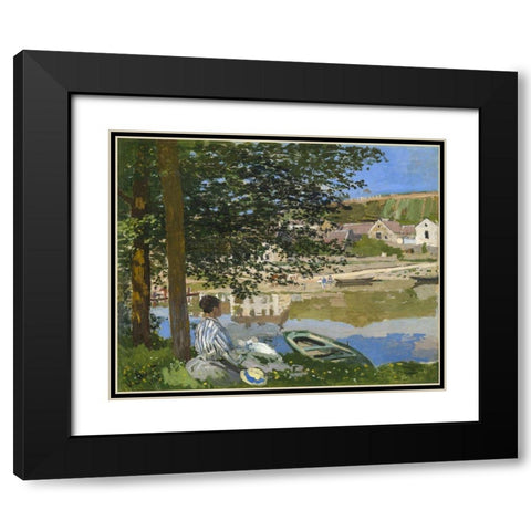 On the Bank of the Seine, Bennecourt Black Modern Wood Framed Art Print with Double Matting by Monet, Claude