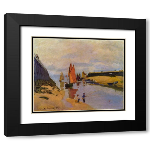 Port of Trouville Black Modern Wood Framed Art Print with Double Matting by Monet, Claude